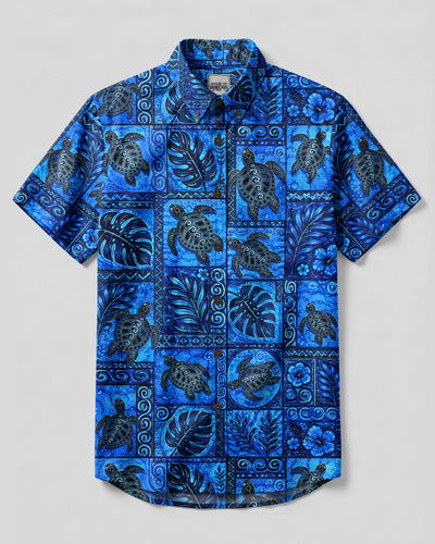 TRIBAL SEA TURTLE TROPICAL PATCHWORK BUTTON-DOWN COLLAR SHIRT  - TLHG2708262
