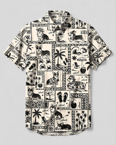 CORGI DOG ISLAND SKETCH PATCHWORK BUTTON-DOWN COLLAR SHIRT - TLTW2008269