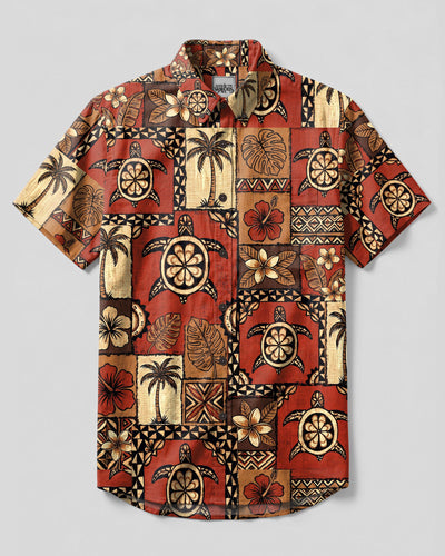 POLYNESIAN TURTLE PARADISE PATCHWORK BUTTON-DOWN COLLAR SHIRT  - TLTW1610263