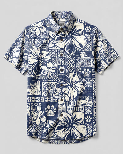 TRIBAL CORGI PATCHWORK GRID BUTTON-DOWN COLLAR SHIRT - TYLN2109262