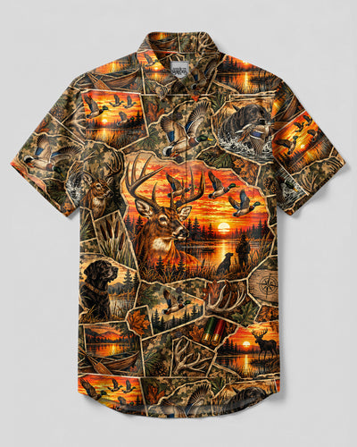 SUNSET WILDLIFE HUNTING COLLAGE BUTTON-DOWN COLLAR SHIRT - TLTW2309262