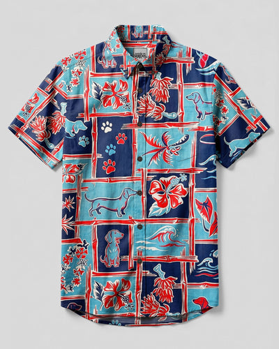 OCEAN BLUE DACHSHUND ADVENTURE PATCHWORK DOG BUTTON-DOWN COLLAR SHIRT - TYLN2508262