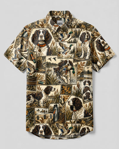 RUSTIC DUCK HUNTING ENGLISH SPRINGER SPANIEL DOG COLLAGE BUTTON-DOWN COLLAR SHIRT - TLTW2409264