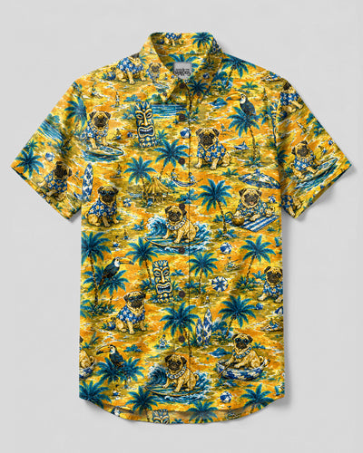 PUG DOG TIKI ISLAND PATTERN BUTTON-DOWN COLLAR SHIRT - TLTW2109264