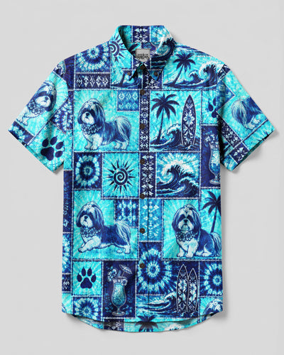 SHIH TZU DOG ISLAND PATCHWORK BUTTON-DOWN COLLAR SHIRT  - TLNO0808262