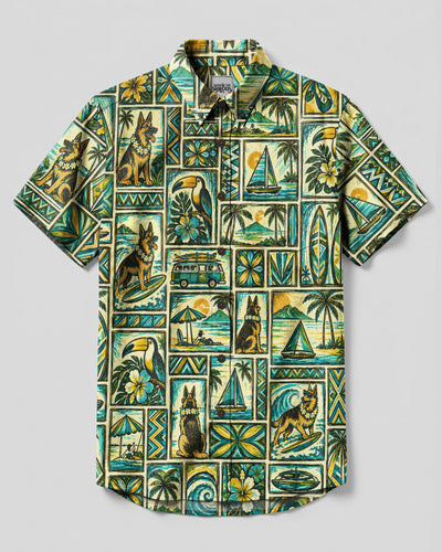 GERMAN SHEPHERD ISLAND FOLK PATCHWORK BUTTON-DOWN COLLAR SHIRT  - TLNO1609261