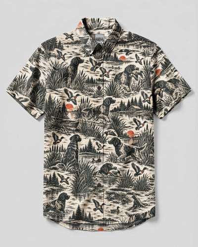 VINTAGE DUCK HUNTING ENGLISH SPRINGER SPANIEL TOILE PATTERN BUTTON-DOWN COLLAR SHIRT - TLNO2109262