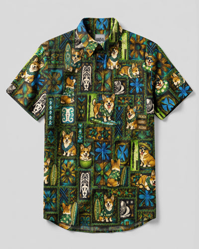 VINTAGE TRIBAL CORGI DOG PATCHWORK BUTTON-DOWN COLLAR SHIRT - TLNO0309266