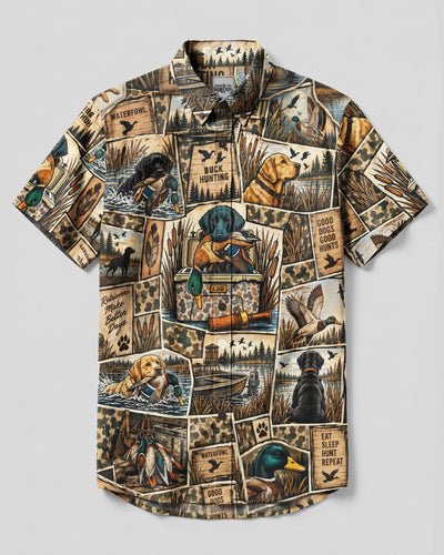 VINTAGE LABRADOR DOG DUCK HUNTING COLLAGE BUTTON-DOWN COLLAR SHIRT - TLNO2409265
