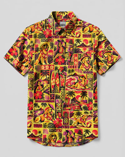 GOLDEN RETRIEVER DOG TIKI ISLAND  PATCHWORK BUTTON-DOWN COLLAR SHIRT - TLNO3009262