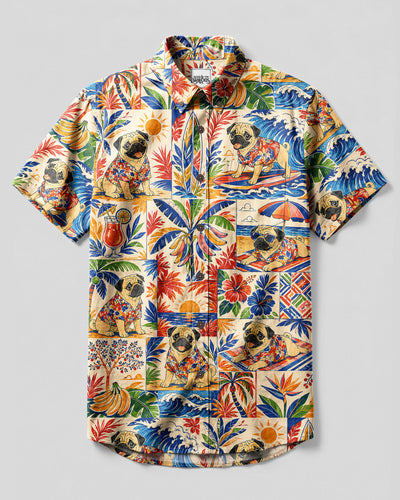 PUG DOG COASTAL ESCAPE PATCHWORK BUTTON-DOWN COLLAR SHIRT - TLNT1808266