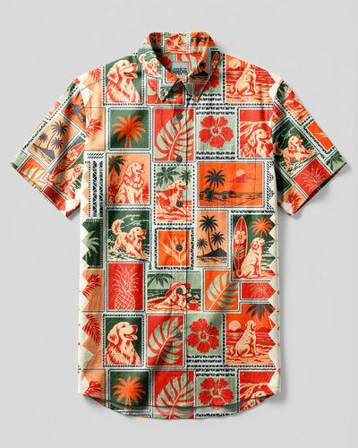 GOLDEN RETRIEVER DOG RETRO TROPICAL COLLAGE BUTTON-DOWN COLLAR SHIRT  - TLNT3009261