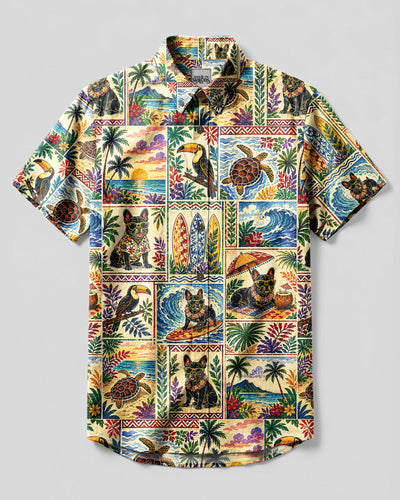 TRIBAL PARADISE FRENCH BULLDOG PATCHWORK BUTTON-DOWN COLLAR SHIRT - TLNT0309261