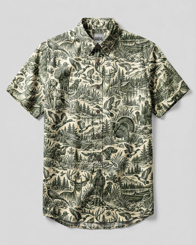 VINTAGE HUNTING NATURE TOILE PATTERN BUTTON-DOWN COLLAR SHIRT - TLNT2209261