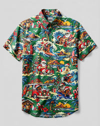 TROPICAL SANTA DACHSHUND DOG PATTERN CHRISTMAS BUTTON-DOWN COLLAR SHIRT  - TLNT1910261