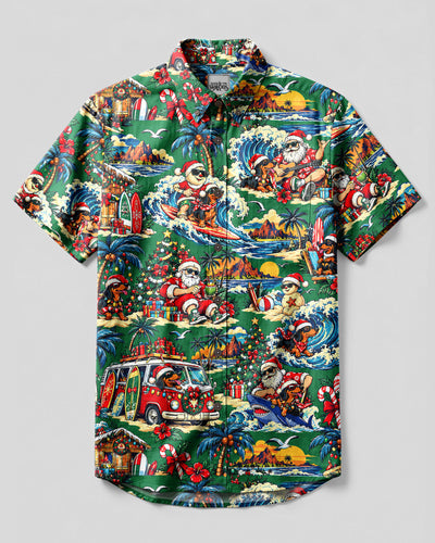 TROPICAL SANTA DACHSHUND DOG PATTERN CHRISTMAS BUTTON-DOWN COLLAR SHIRT  - TLNT1910261