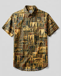 VINTAGE WILDERNESS WOLF PATCHWORK  BUTTON-DOWN COLLAR SHIRT - TLNT2408264