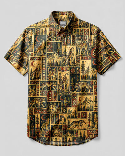 VINTAGE WILDERNESS WOLF PATCHWORK  BUTTON-DOWN COLLAR SHIRT - TLNT2408264