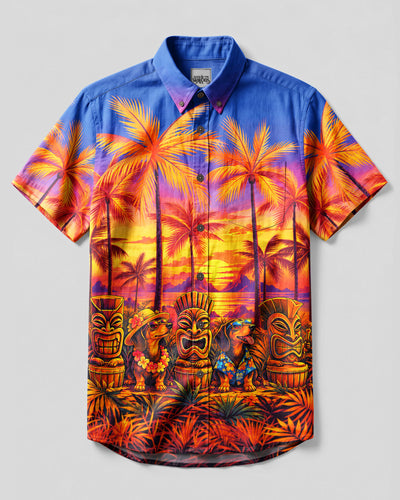 SUNSET TIKI DACHSHUND DOG BUTTON-DOWN COLLAR SHIRT  - TLNT2909261