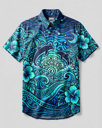 TRIBAL SUNSET TWILIGHT DOLPHINS BUTTON-DOWN COLLAR SHIRT  - TLNT1209268