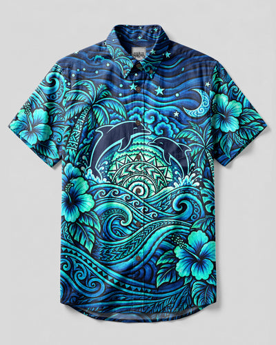 TRIBAL SUNSET TWILIGHT DOLPHINS BUTTON-DOWN COLLAR SHIRT  - TLNT1209268