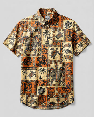 ISLAND SPIRIT TURTLE TRIBAL PATCHWORK  BUTTON-DOWN COLLAR SHIRT  - TLNT2609262