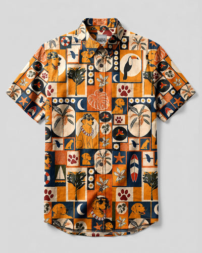 TROPICAL RETRO LABRADOR DOG PATCHWORK BUTTON-DOWN COLLAR SHIRT  - TLHG1808262