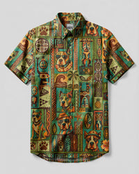 PITBULL TRIBAL TIKI PATCHWORK BUTTON-DOWN COLLAR SHIRT  - TLHG1708265