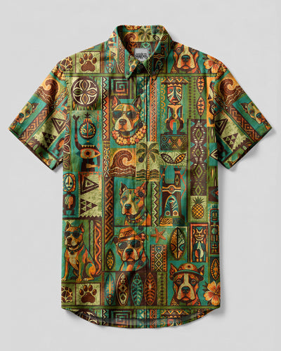 PITBULL TRIBAL TIKI PATCHWORK BUTTON-DOWN COLLAR SHIRT  - TLHG1708265