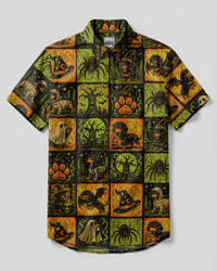 SPOOKY DACHSHUND DOG HALLOWEEN PATCHWORK BUTTON-DOWN COLLAR SHIRT  - TLNO2307261