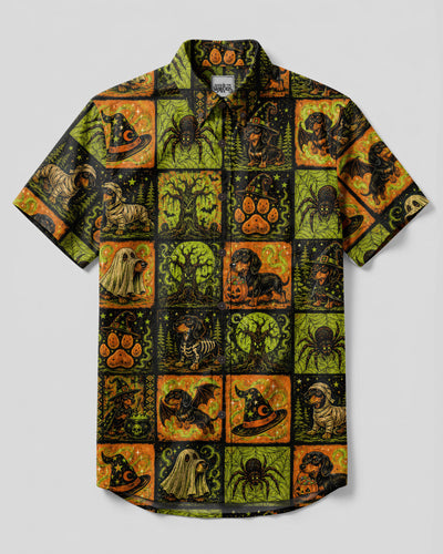 SPOOKY DACHSHUND DOG HALLOWEEN PATCHWORK BUTTON-DOWN COLLAR SHIRT  - TLNO2307261