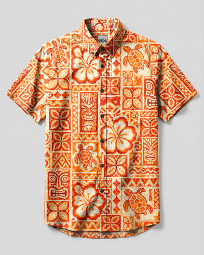 VIBRANT TIKI TURTLE PATCHWORK BUTTON-DOWN COLLAR SHIRT - TLHG0508266