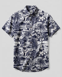 NAVY TOILE PUG DOG TROPICAL BUTTON-DOWN COLLAR SHIRT - TLHG1008264