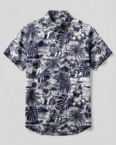 NAVY TOILE PUG DOG TROPICAL BUTTON-DOWN COLLAR SHIRT - TLHG1008264