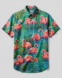 FLAMINGO ART PATTERN BUTTON-DOWN COLLAR SHIRT - TLHG0308263