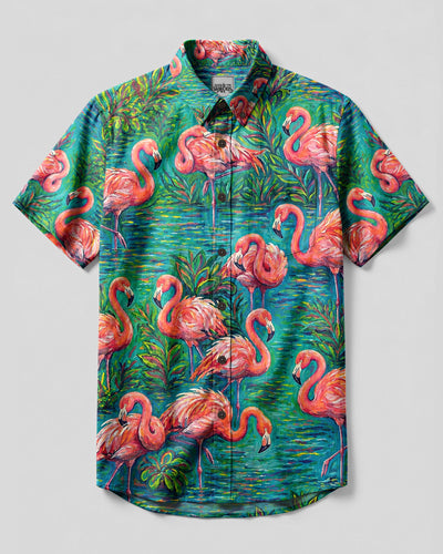 FLAMINGO ART PATTERN BUTTON-DOWN COLLAR SHIRT - TLHG0308263