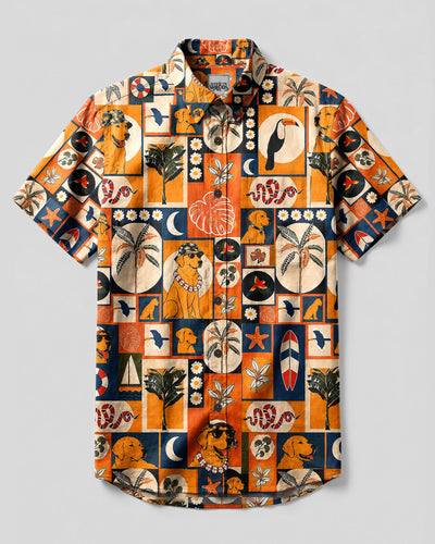 TROPICAL RETRO LABRADOR DOG PATCHWORK BUTTON-DOWN COLLAR SHIRT  - TLHG1808262