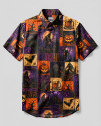 BIGFOOT'S HAUNTED NIGHT HALLOWEEN PATCHWORK BUTTON-DOWN COLLAR SHIRT - TLHG2307263
