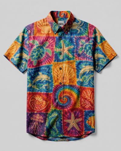VIBRANT OCEAN LIFE PATCHWORK BUTTON-DOWN COLLAR SHIRT - KMTM0708261