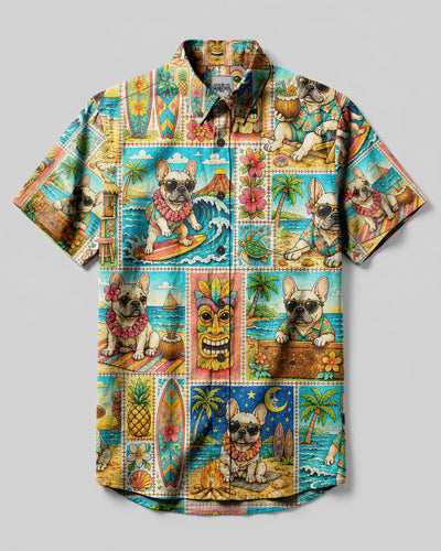FRENCH BULLDOG TROPICAL ESCAPE PATCHWORK BUTTON-DOWN COLLAR SHIRT - KMTM1808261