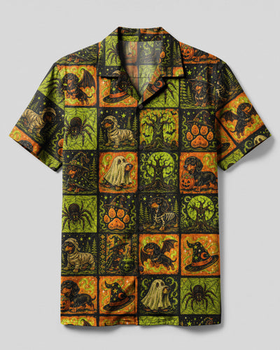 SPOOKY DACHSHUND DOG HALLOWEEN PATCHWORK CAMP SHIRT  - TLNO2307262