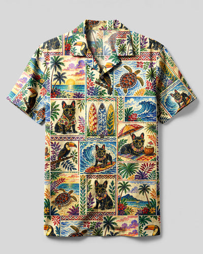 TRIBAL PARADISE FRENCH BULLDOG PATCHWORK CAMP SHIRT - TLNT0309262