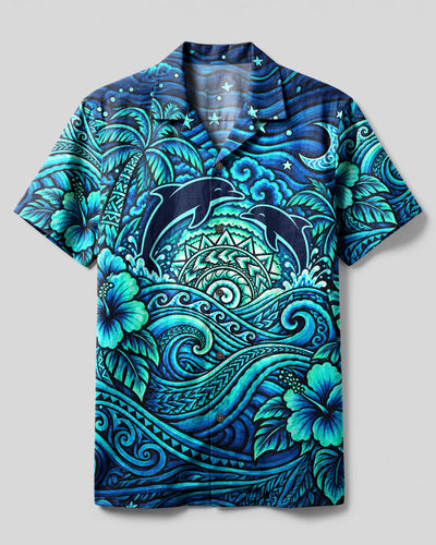 TRIBAL SUNSET TWILIGHT DOLPHINS CAMP SHIRT  - TLNT1209269
