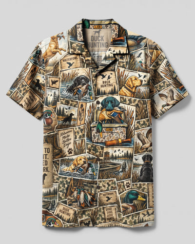 VINTAGE LABRADOR DOG DUCK HUNTING COLLAGE CAMP SHIRT - TLNO2409267