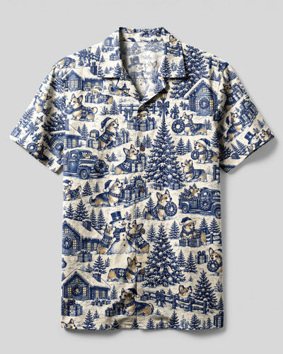 CORGI DOG CHRISTMAS TOILE PATTERN CAMP SHIRT  - TLNT0610263