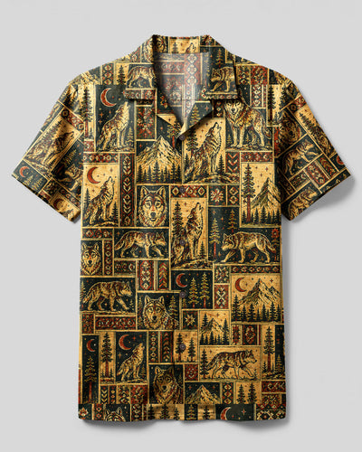 VINTAGE WILDERNESS WOLF PATCHWORK CAMP SHIRT - TLNT2408265