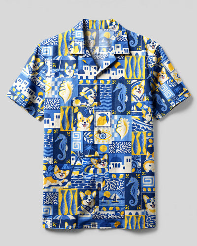 BEACH DAY CORGI DOG COLLAGE CAMP SHIRT  - TLNT3009265