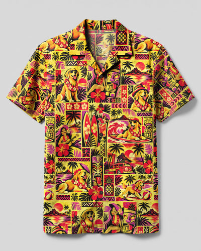 GOLDEN RETRIEVER DOG TIKI ISLAND  PATCHWORK CAMP SHIRT - TLNO3009263