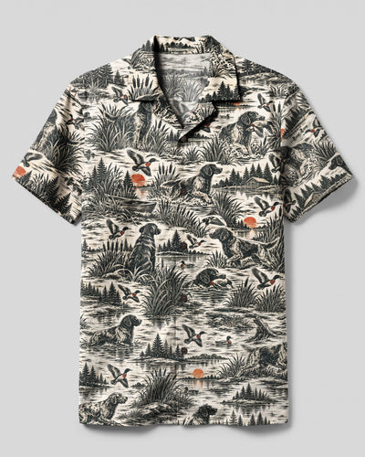 VINTAGE DUCK HUNTING ENGLISH SPRINGER SPANIEL TOILE PATTERN CAMP SHIRT - TLNO2109264