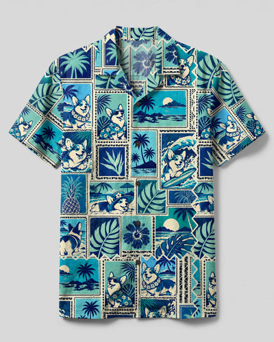 CORGI DOG ISLAND COLLAGE CAMP SHIRT  - TLTW0810264